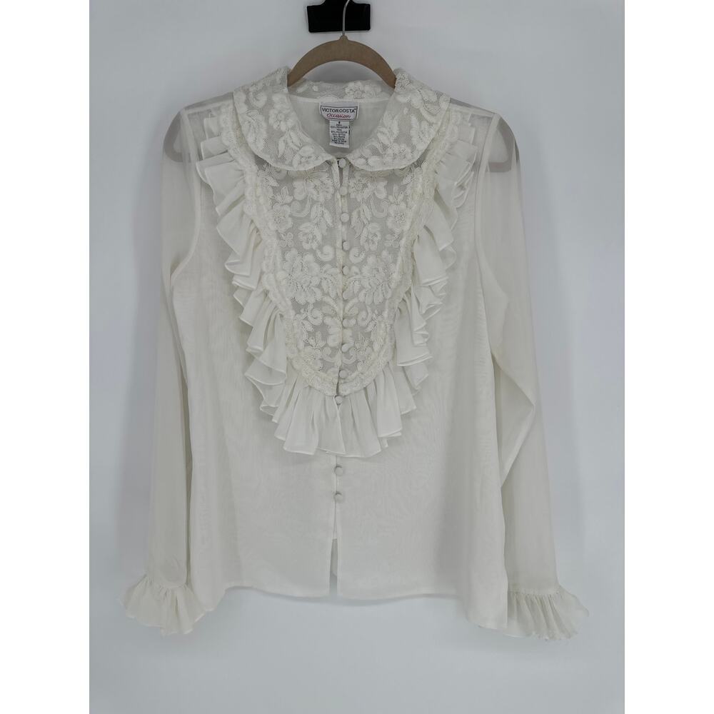 VINTAGE WOMEN’S VICTOR COSTA WHITE LACE COLLAR & SHEER RUFFLE DESIGN SIZE S